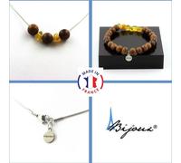 Parure Bracelet Collier 8 mm Perles en bois + Opale jaune australienne Chaîne en acier inoxydable
