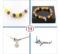 Parure Bracelet Collier Perles Agate jaune + Lépidolite + Citrine + Améthyste 8 mm Chaîne en acier inoxydable