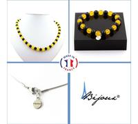 Parure Bracelet Collier Perles Agate noire + Agate jaune 8 mm Chaîne en acier inoxydable