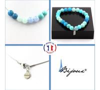 Parure Bracelet Collier Perles Angélite + Aigue-marine + Turquoise + Apatite 8 mm Chaîne en acier inoxydable