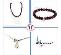 Parure Bracelet Collier Perles d'agate noire + Oeil de tigre fuchsia 8 mm Chaîne en acier inoxydable