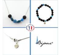 Parure Bracelet Collier Perles d'apatite bleues du Brésil + Chaîne de lave 8 mm en acier inoxydable