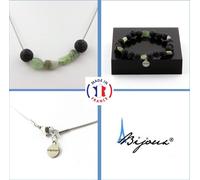Parure Bracelet Collier Perles d'apatite verte de Madagascar + Chaîne de lave 8 mm en acier inoxydable