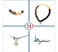 Parure Bracelet Collier Perles de pierres de soleil de Tanzanie + perles d'onyx noires mates + chaîne en acier inoxydable de 8 mm en bois