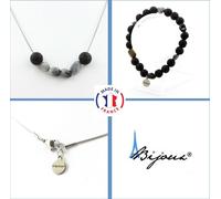 Parure Bracelet Collier Perles d'œil de faucon d'Afrique du Sud + Chaîne en acier inoxydable Lava 8 mm