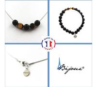 Parure Bracelet Collier Perles d'onyx noires mates 8 mm + Chaîne en acier inoxydable Oeil de tigre sud-africain