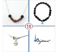 Parure Bracelet Collier Perles d'opale australienne Boulder + Chaîne en acier inoxydable Lava 8 mm