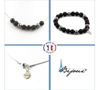 Parure Bracelet Collier Perles Hématite + Lave + Onyx noir mat + Obsidienne noire 8 mm Chaîne en acier inoxydable