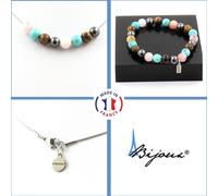 Parure Bracelet Collier Perles Hématite + Turquoise + Oeil de tigre + Opale rose 8 mm Chaîne en acier inoxydable