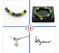 Parure Bracelet Collier Perles Oeil de tigre + Péridot + Labradorite + Malachite 8 mm Chaîne en acier inoxydable