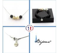 Parure Bracelet Collier Perles Onyx noir mat + Opale multicolore d'Australie 8 mm Chaîne en acier inoxydable