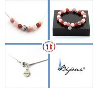 Parure Bracelet Collier Perles Opale rose + Rhodonite + Agate rouge + Quartz rose 8 mm Chaîne en acier inoxydable