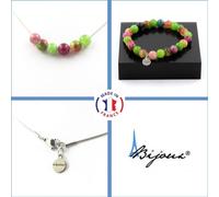 Parure Bracelet Collier Perles Tourmaline multicolore + Tourmaline Pastèque + Péridot 8 mm Chaîne en acier inoxydable