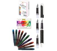 Parure Calligraphie: stylo plume avec 3 plumes différentes, 10 cartouches d'encre en couleurs brilliantes, magazine et livret handlettering pour bullet journaling, hand lettering, écriture créative