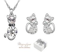 Parure Chat femme fille en Cristaux Autrichiens Baignée dans l'OR Blanc. Cadeau anniversaire femme, Noël. Coffret cadeau. 2SPLENDID®