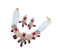 Parure Collier Ras du Cou Traditionnel Indien Kundan Plaqué Or avec Pierres Rouge Rubis Email Vert Perles Perles Motif Floral