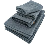 Parure de bain 5 pièces collection DENIM à bordure géométrique pur coton bleu