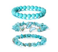 Parure de bijoux 3 pièces turquoise pour femme - Bracelets en perles de pierre turquoise pour femme - Bracelets extensibles pour femme - Bleu turquoise, Medium, Cristal, Pas de gemme