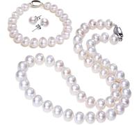 Parure de bijoux avec boîte - Collier de perles - Pendentif - Trois pièces - Pour femme - Boucles d'oreilles en perles d'eau douce - Collier + bracelet - Fête des mères - Anniversaire - Pour clés
