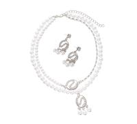 Parure de bijoux avec collier et boucles d'oreilles à double rangée de strass et de perles d'imitation pour fêtes, mariages, événements, collier et boucles d'oreilles empilables