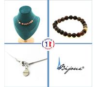 Parure de bijoux Bracelet Collier 10 perles Bois pétrifié 8 mm Chaîne en acier inoxydable
