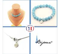 Parure de bijoux Bracelet Collier 10 perles de calcédoine bleue 8 mm Chaîne en acier inoxydable