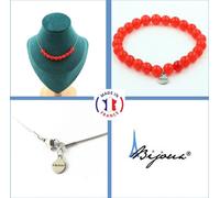 Parure de bijoux Bracelet Collier 10 perles de calcédoine rouge 8 mm Chaîne en acier inoxydable