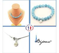 Parure de bijoux Bracelet Collier 15 perles de calcédoine bleue 8 mm Chaîne en acier inoxydable