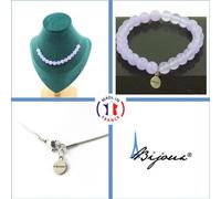 Parure de bijoux Bracelet Collier 15 perles de calcédoine lavande 8 mm Chaîne en acier inoxydable