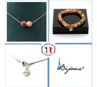 Parure de bijoux Bracelet Collier 2 perles de tourmaline pastèque 8 mm Chaîne en acier inoxydable