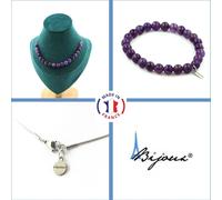 Parure de bijoux Bracelet Collier 20 perles d'améthyste 8 mm Chaîne en acier inoxydable