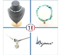 Parure de bijoux Bracelet Collier 20 perles de Larimar de République Dominicaine Chaîne en acier inoxydable