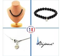 Parure de bijoux Bracelet Collier 20 perles Obsidienne noire 8 mm Chaîne en acier inoxydable