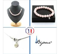 Parure de bijoux Bracelet Collier 20 perles Quartz rose 8 mm Chaîne en acier inoxydable