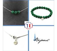 Parure de bijoux Bracelet Collier 3 perles de malachite 8 mm Chaîne en acier inoxydable