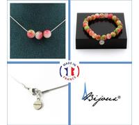 Parure de bijoux Bracelet Collier 3 perles de tourmaline pastèque 8 mm Chaîne en acier inoxydable