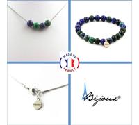Parure de bijoux Bracelet Collier 4 perles d'azurite et de chrysocolle 8 mm Chaîne en acier inoxydable