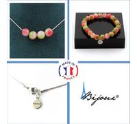 Parure de bijoux Bracelet Collier 4 perles de tourmaline pastèque 8 mm Chaîne en acier inoxydable