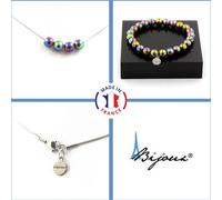 Parure de bijoux Bracelet Collier 4 perles d'hématite multicolores 8 mm Chaîne en acier inoxydable