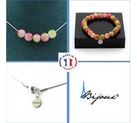 Parure de bijoux Bracelet Collier 5 perles de tourmaline pastèque 8 mm Chaîne en acier inoxydable