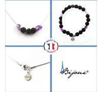 Parure de bijoux Bracelet Collier 8 mm Perles de lave + améthyste du Brésil Chaîne en acier inoxydable