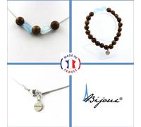 Parure de bijoux Bracelet Collier 8 mm Perles en bois + chaîne brésilienne Aigue-marine en acier inoxydable