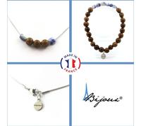 Parure de bijoux Bracelet Collier 8 mm Perles en bois + Jaspe bleu sud-africain Chaîne en acier inoxydable