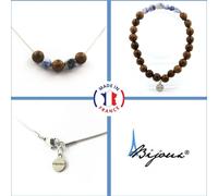 Parure de bijoux Bracelet Collier 8 mm Perles en bois + Jaspe bleu sud-africain Chaîne en acier inoxydable