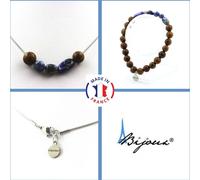 Parure de bijoux Bracelet Collier 8 mm Perles en bois + Lapis-lazuli du Pakistan Chaîne en acier inoxydable