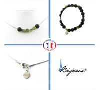 Parure de bijoux Bracelet Collier Nephrit Perles de Jade de Xiuyan Chine + Chaîne de Lave 8 mm en acier inoxydable