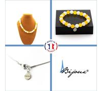 Parure de bijoux Bracelet Collier Perles d'agate jaune + Pierre de lune 8 mm Chaîne en acier inoxydable