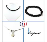 Parure de bijoux Bracelet Collier Perles d'agate noire 8 mm Chaîne en acier inoxydable