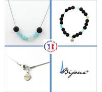 Parure de bijoux Bracelet Collier Perles d'amazonite du Brésil + Chaîne de lave 8 mm en acier inoxydable