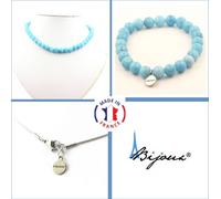 Parure de bijoux Bracelet Collier Perles de calcédoine bleues 8 mm Chaîne en acier inoxydable